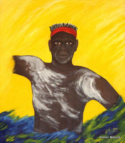 Aborigine vom Marastamm, tanzt auch für die Weißen, die erst gestern sein Land betraten, Oel, 60x70 cm
